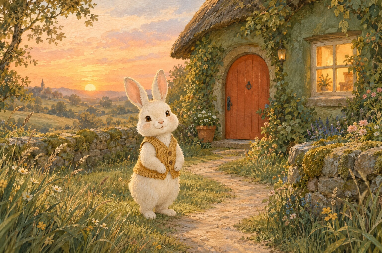 A little rabbit in a mustard waistcoat outside a warmly lit cottage at sunset.